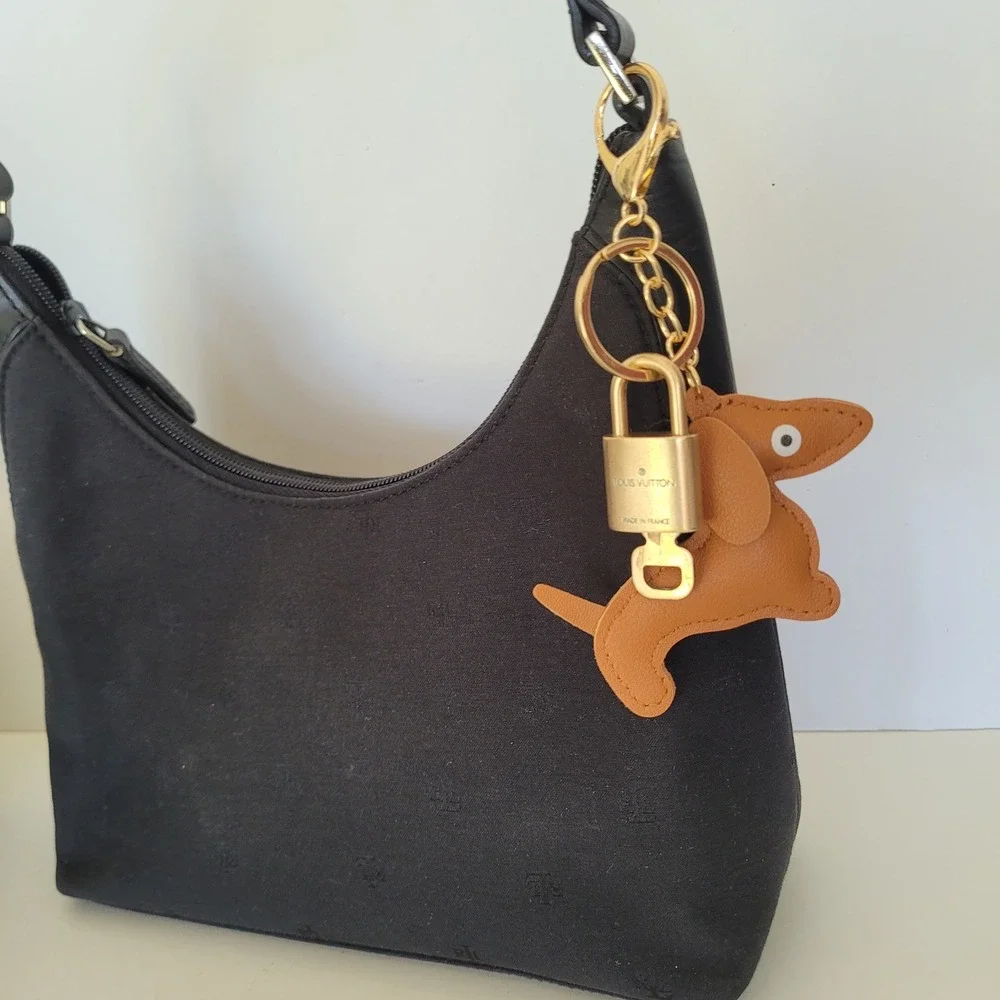 Louis Vuitton Padlock 308 & Leather Dachshund Dog Bag Charm Keychain Gold Brown